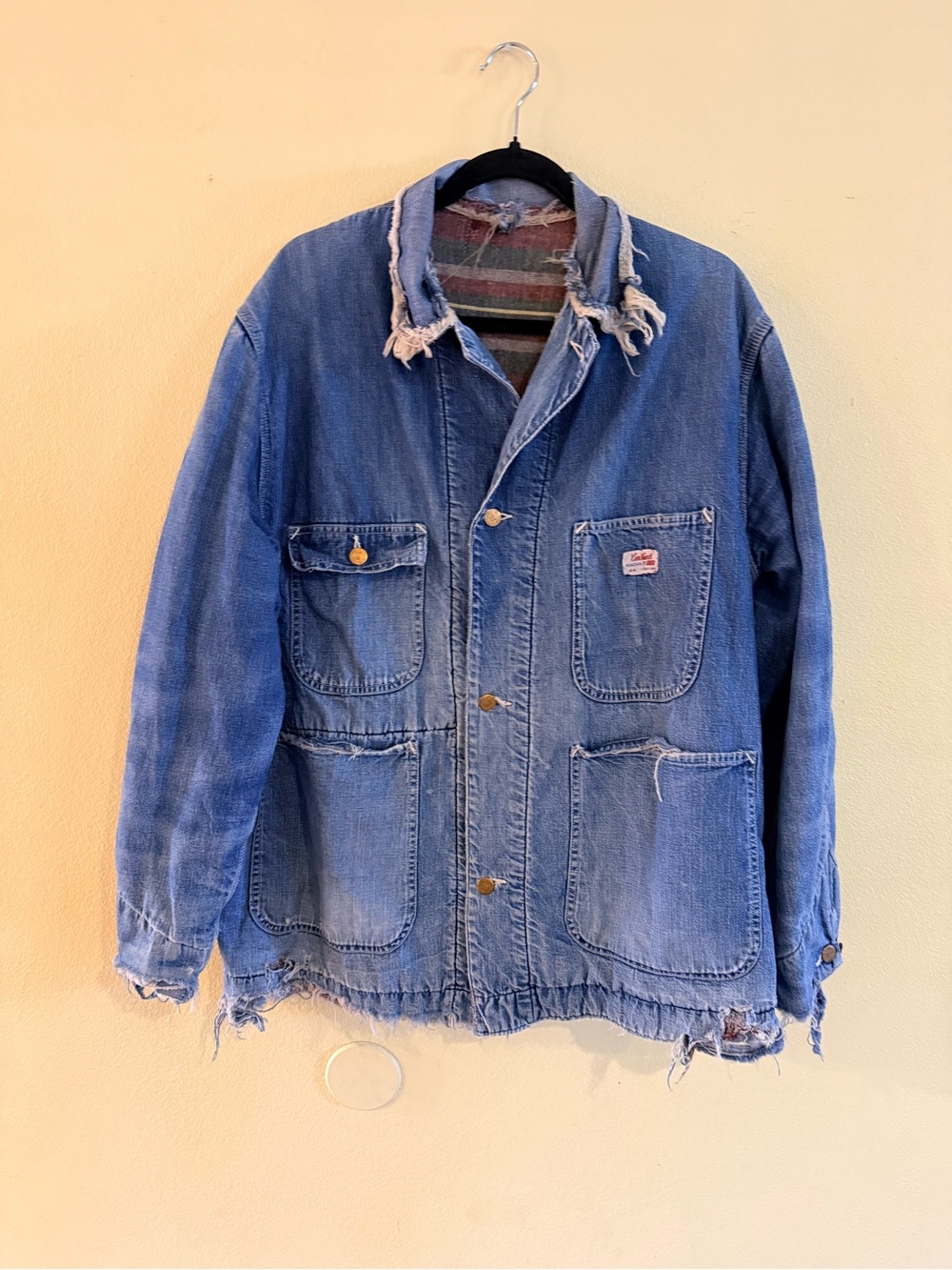 Carhartt Blue Distressed Denim Chore Jacket - Men's blanket lined trolly heart